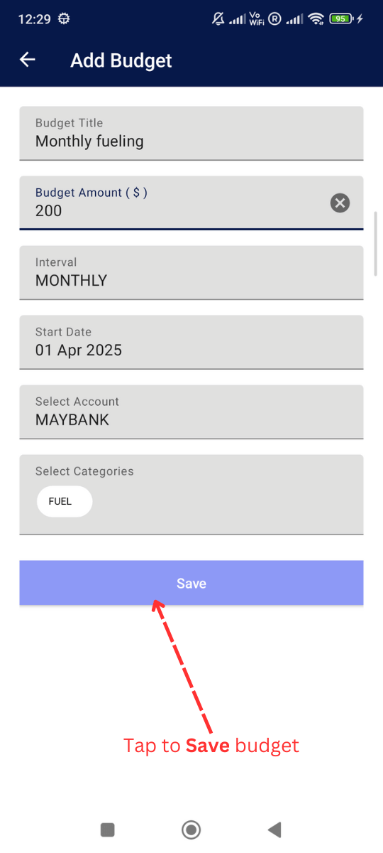Add Monthly Budget: Click and save the budget