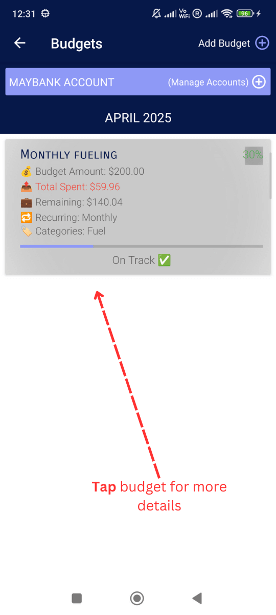 Add Monthly Budget: Check budget details