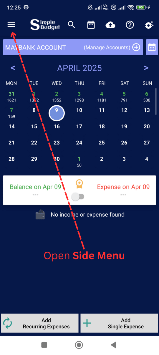 Add / Edit Categories: Open side menu