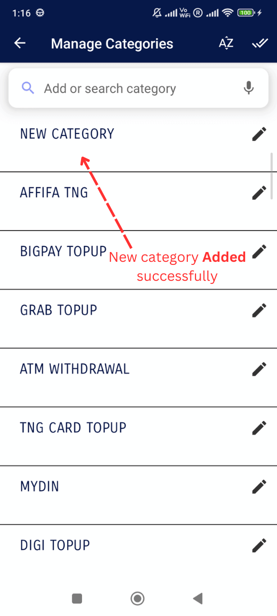 Add / Edit Categories: New category added successfully