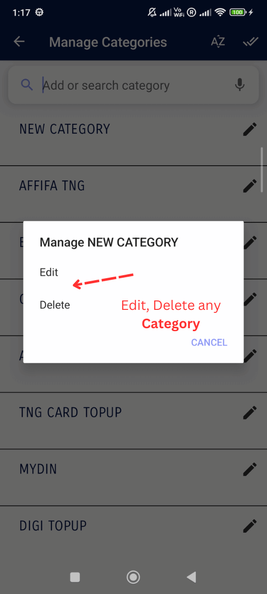 Add / Edit Categories: You can Edit and Delete any category