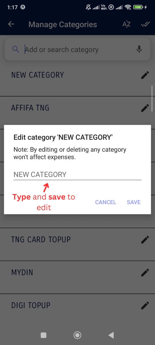 Add / Edit Categories: Type to edit and click save