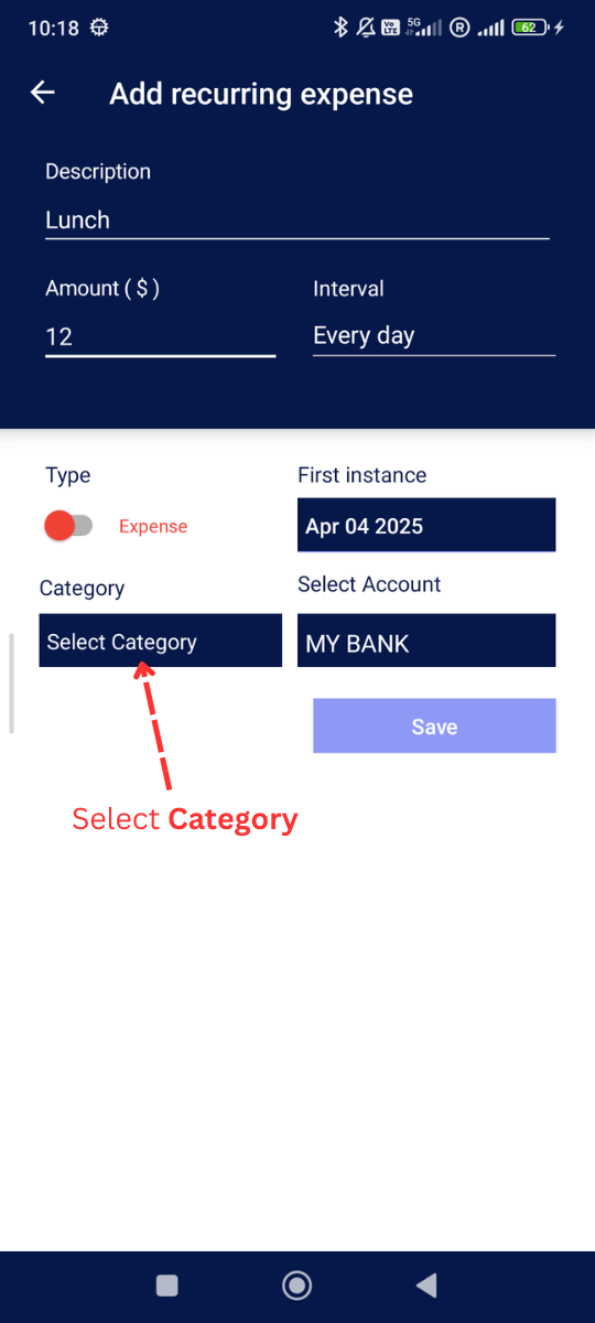 Add Recurring Expenses: Choose any category