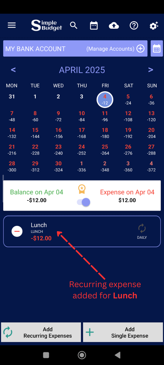 Add Recurring Expenses: Successfully added your recurring expense!