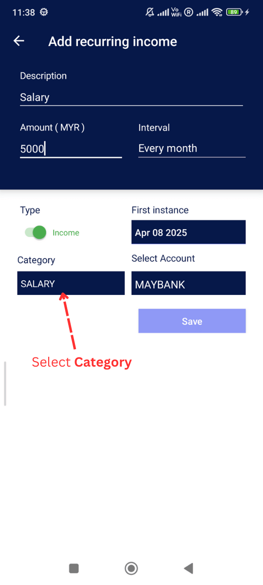 Add Recurring Income: Select category e.g Salary is selected here