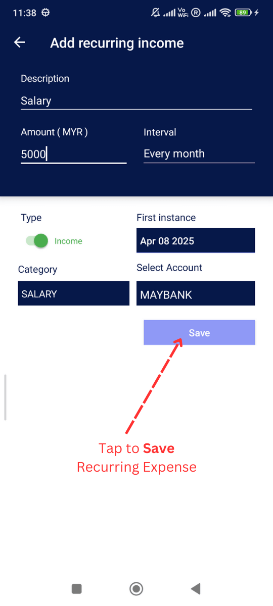 Add Recurring Income: Click Save