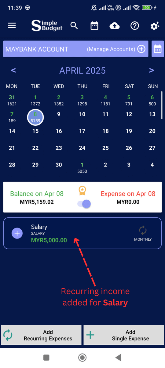 Add Recurring Income: Successfully added your recurring income!