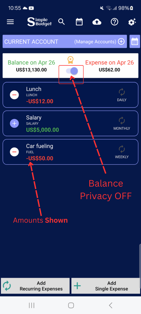 Balance Privacy: You can turn ON / OFF by clicking Balance privacy switch.
