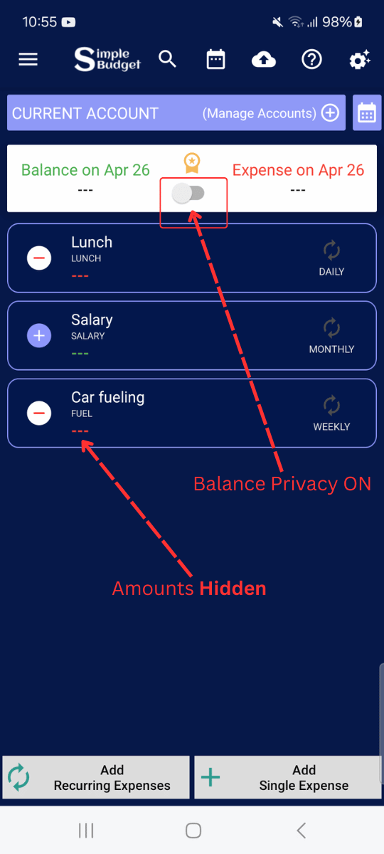 Balance Privacy: Balance Privacy is active. Amounts are hidden.