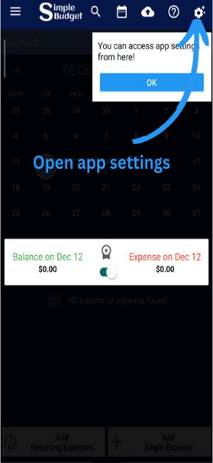 Simple Budget Data Deletion Request: Open app Settings