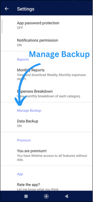 Simple Budget Data Deletion Request: Go to Manage Backup