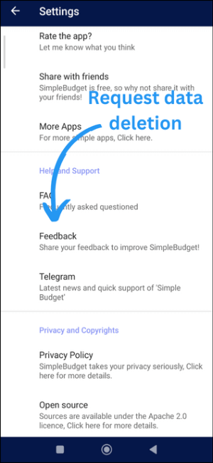 Simple Budget Data Deletion Request: Request data deletion by submitting Feedback