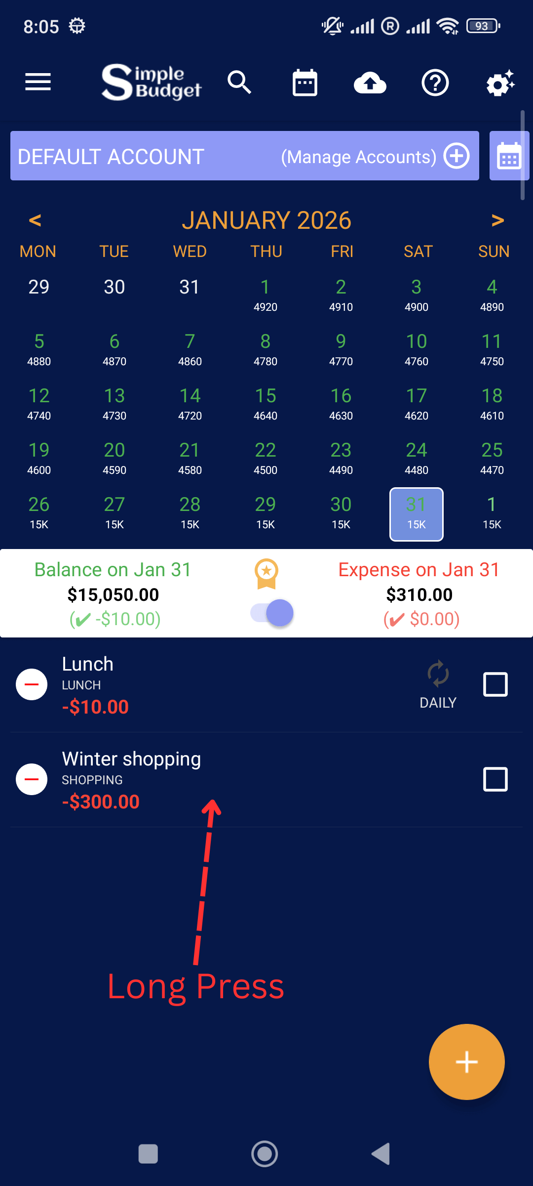 Edit Income / Expenses: Long Press One Time Income or Expense