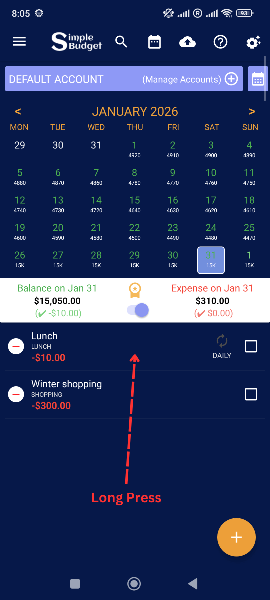 Edit Income / Expenses: Long Press Recurring Income or Expense