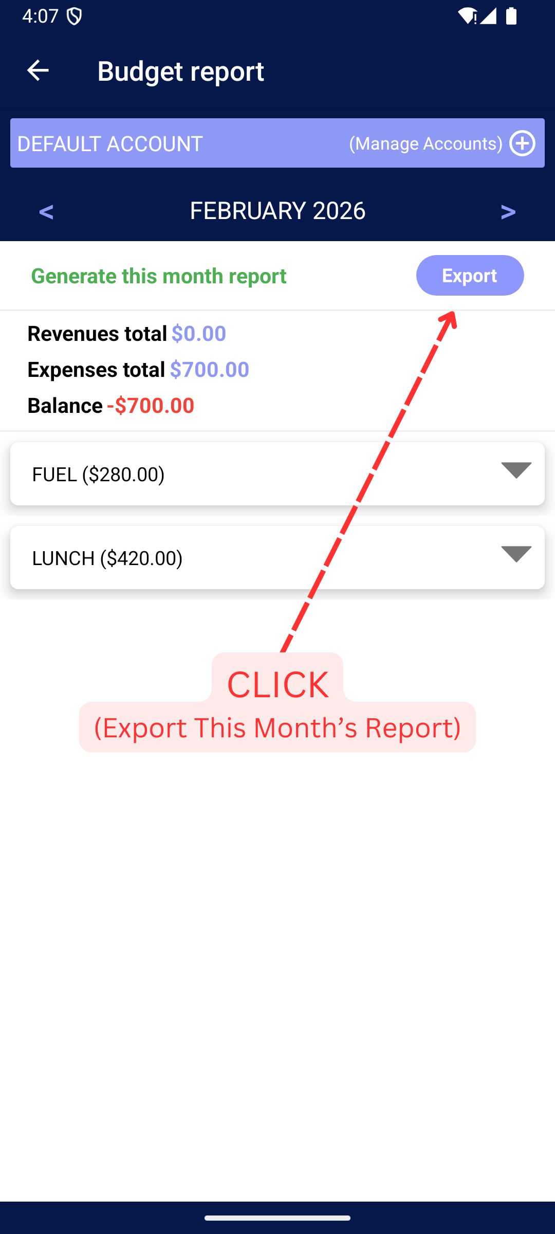 Export Expenses Reports (PDF, Spreadsheet): Click Export (You can swipe left , right for other months if you want)