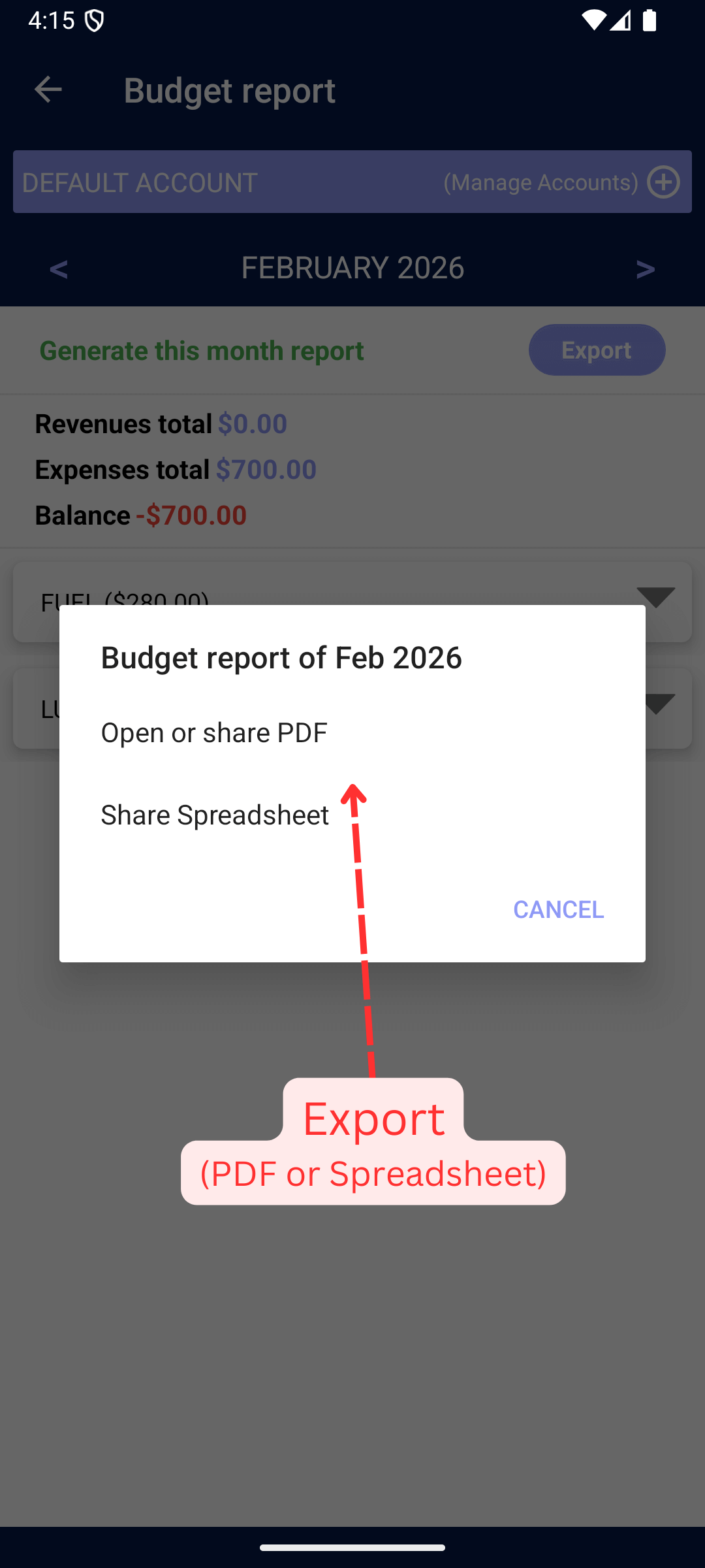 Export Expenses Reports (PDF, Spreadsheet): Choose Report type either PDF or Spreadsheet