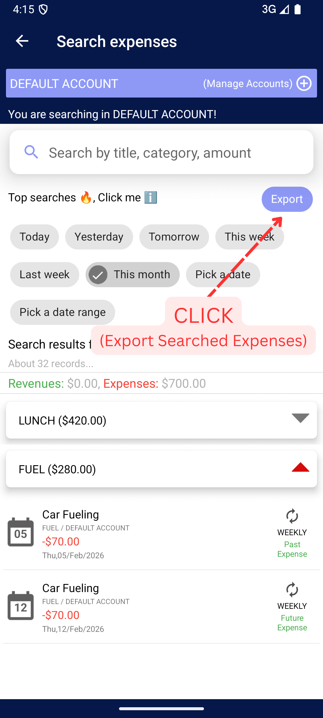 Export Expenses Reports (PDF, Spreadsheet): Search your expenses based on filters