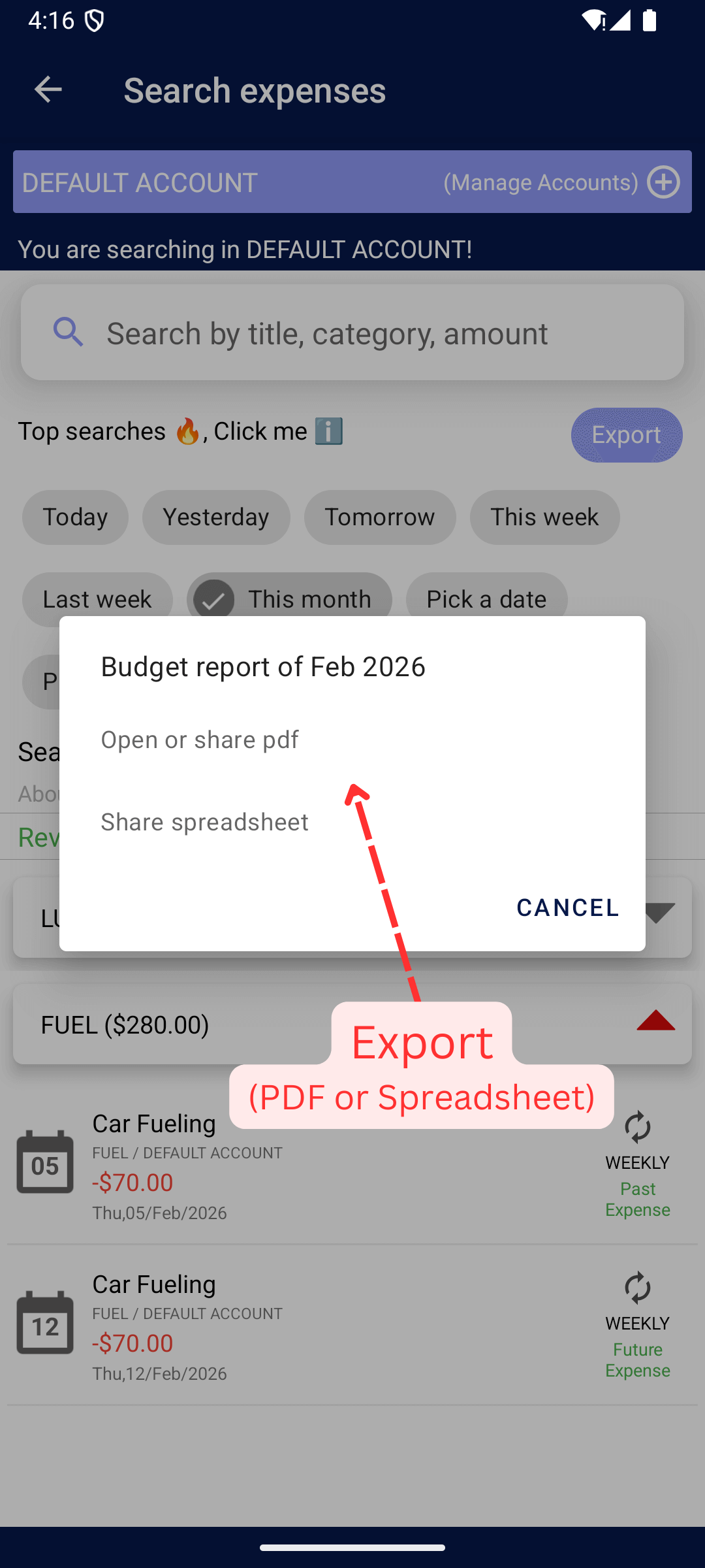 Export Expenses Reports (PDF, Spreadsheet): Choose Report type either PDF or Spreadsheet