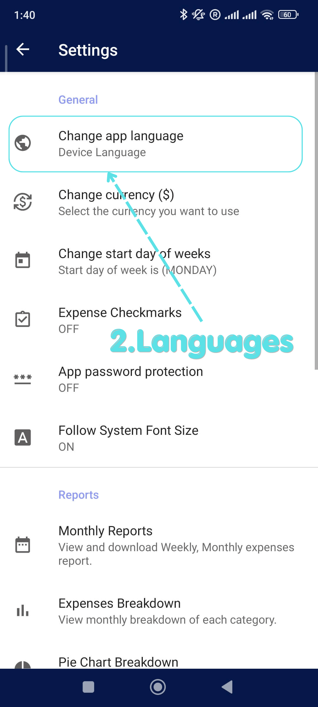 Change App Language: Click Languages
