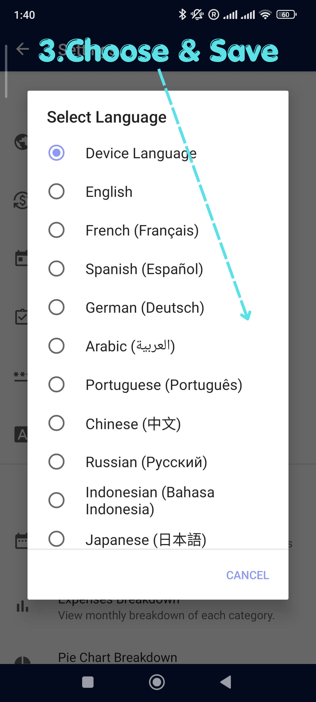 Change App Language: Choose your language and save