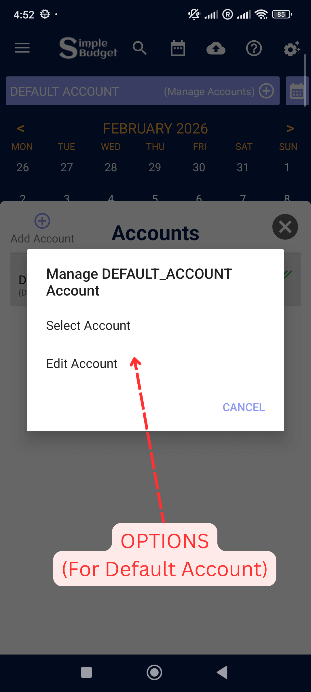 Manage Accounts: Default Account options