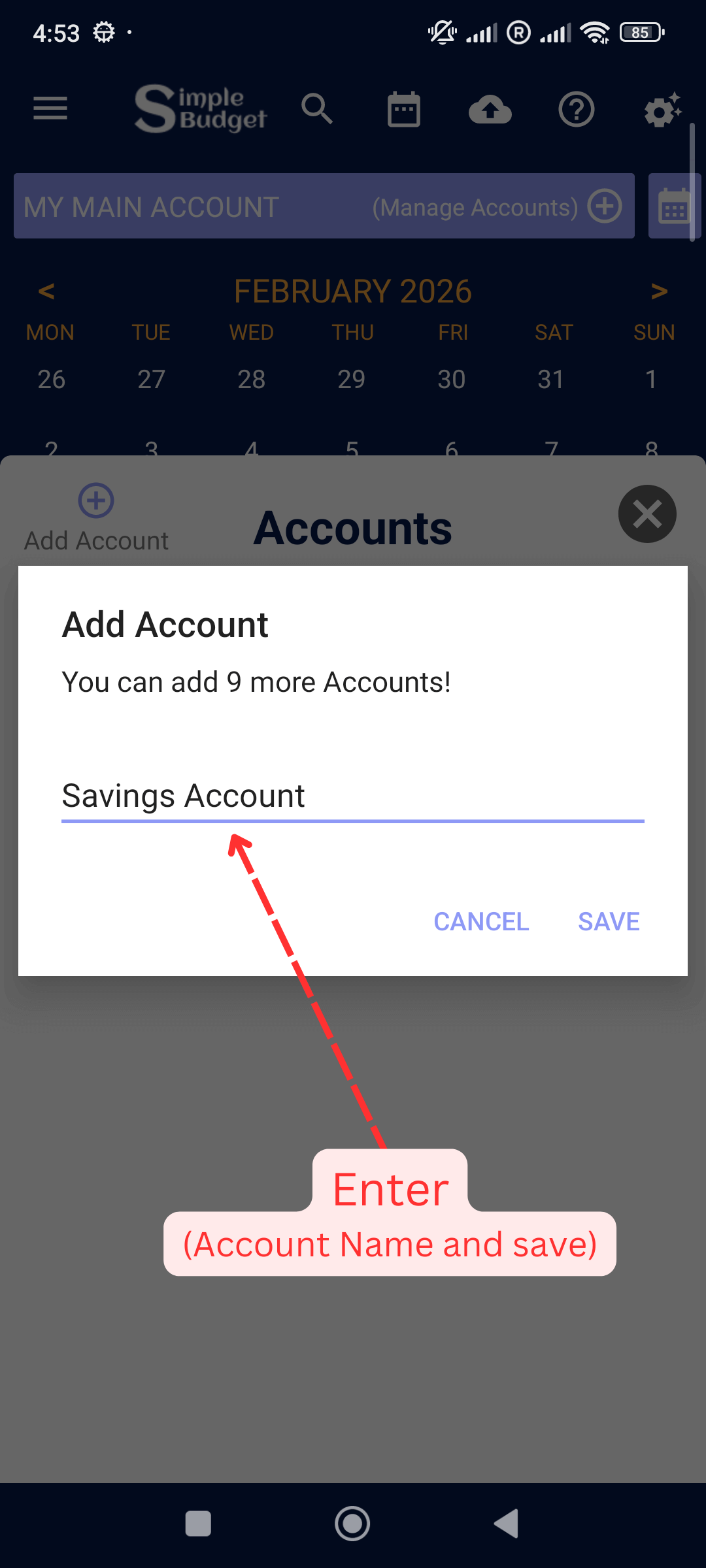 Manage Accounts: Enter Account name and Save
