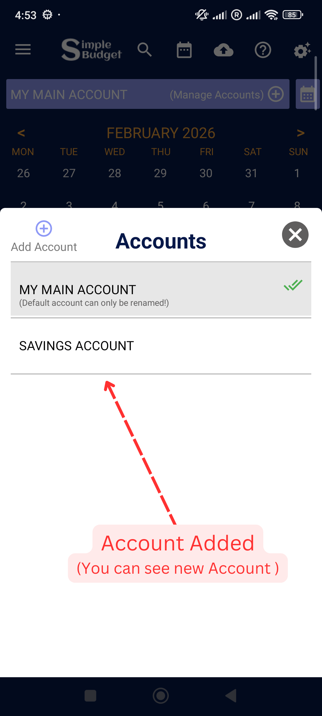Manage Accounts: New Account Added