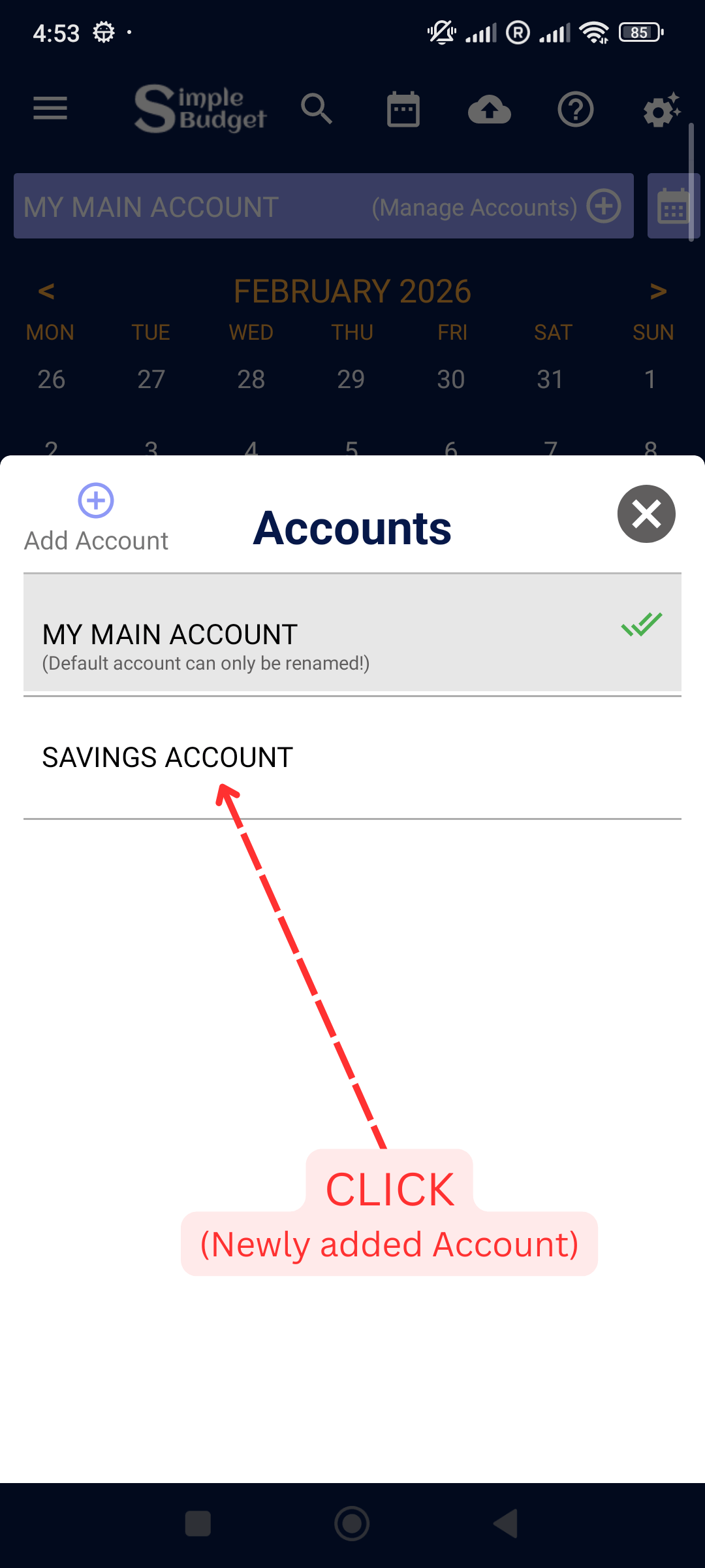 Manage Accounts: Click newely added Account to see options