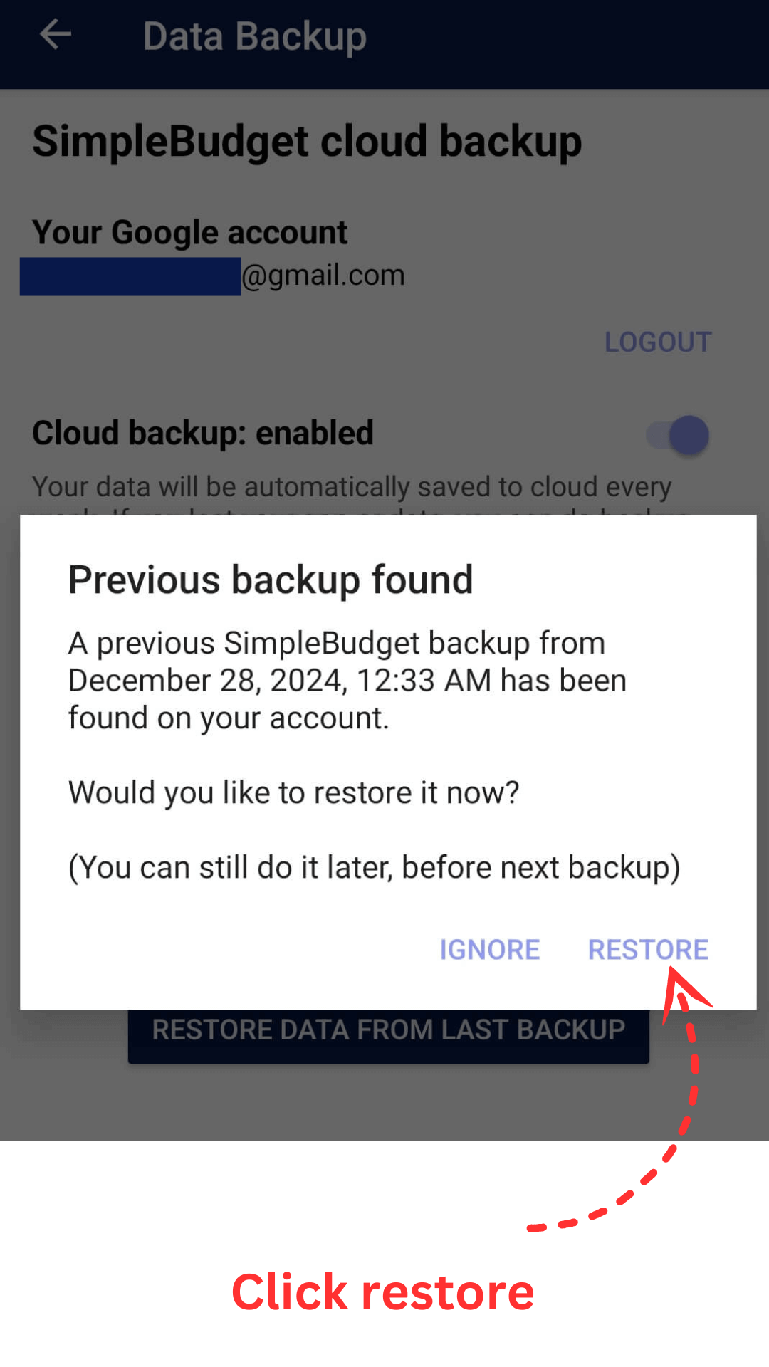 Restore Your Simple Budget Data: Click restore
