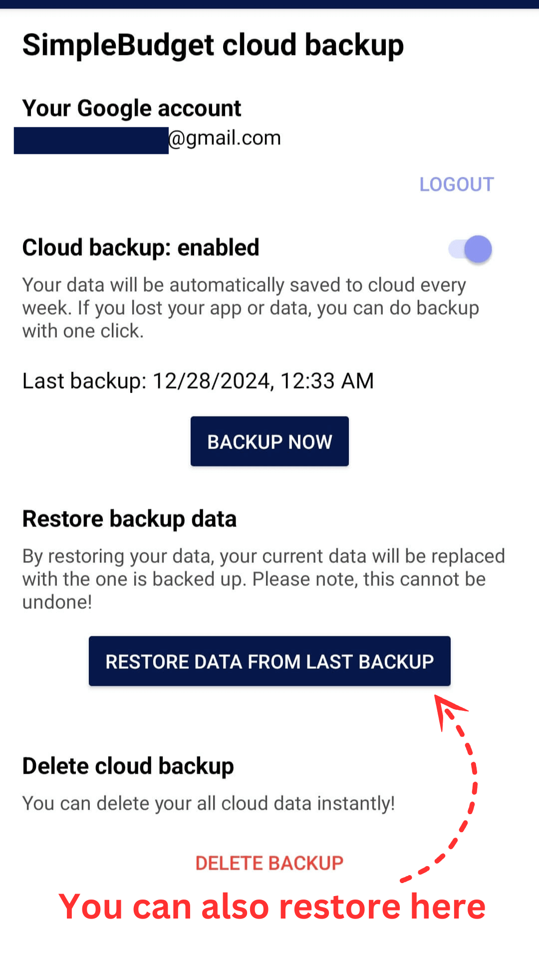 Restore Your Simple Budget Data: You can restore from this option as well