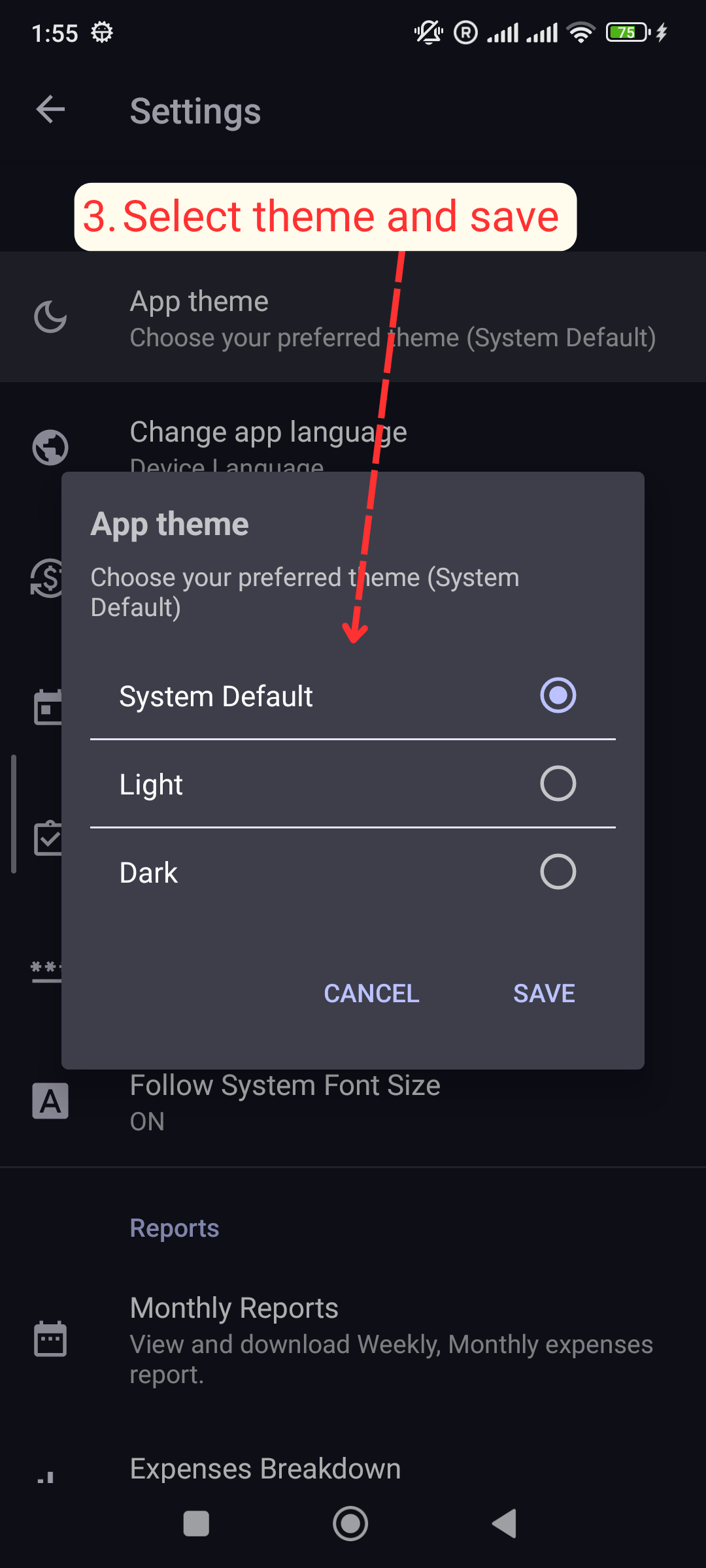 Change App Theme: Choose your theme and save