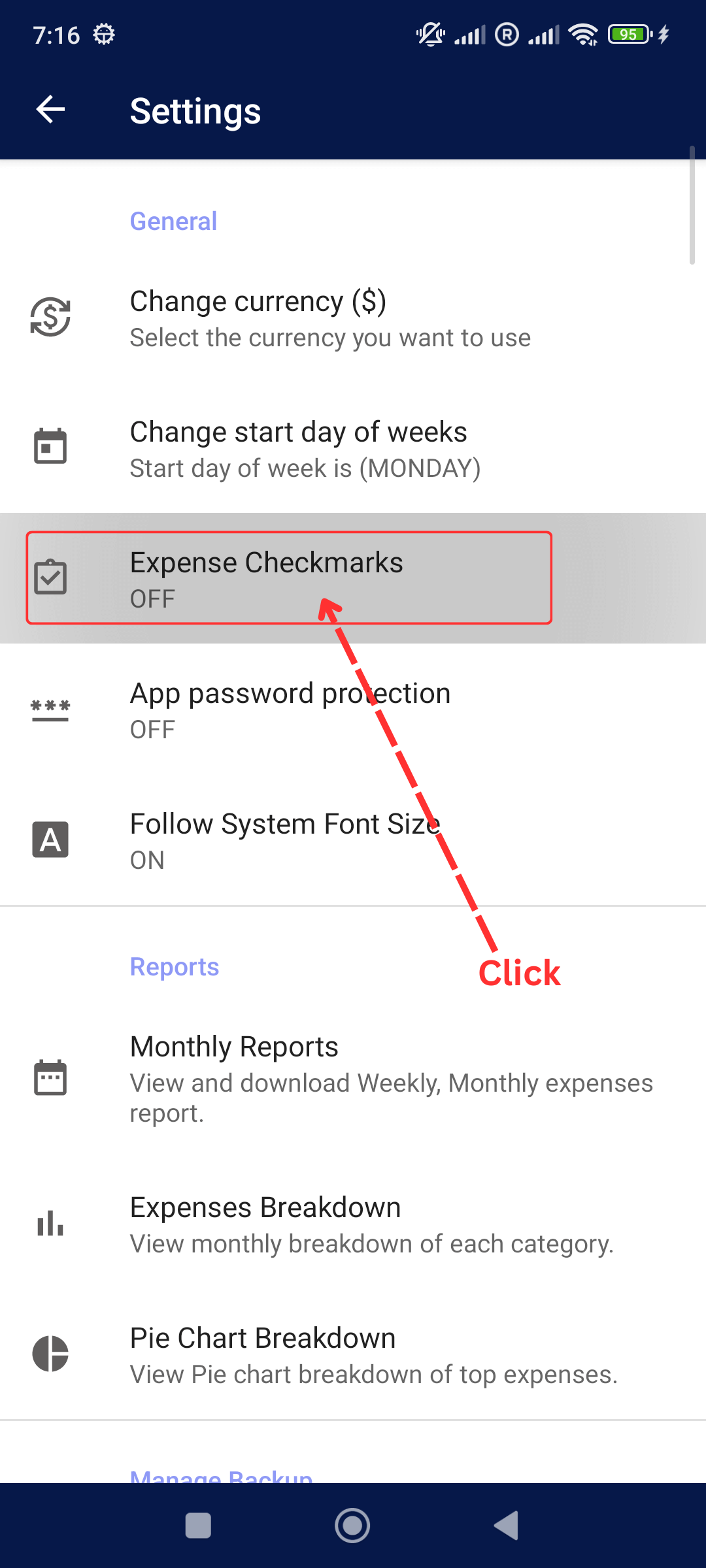 Tick / Check Mark Expenses: Click Check Marks