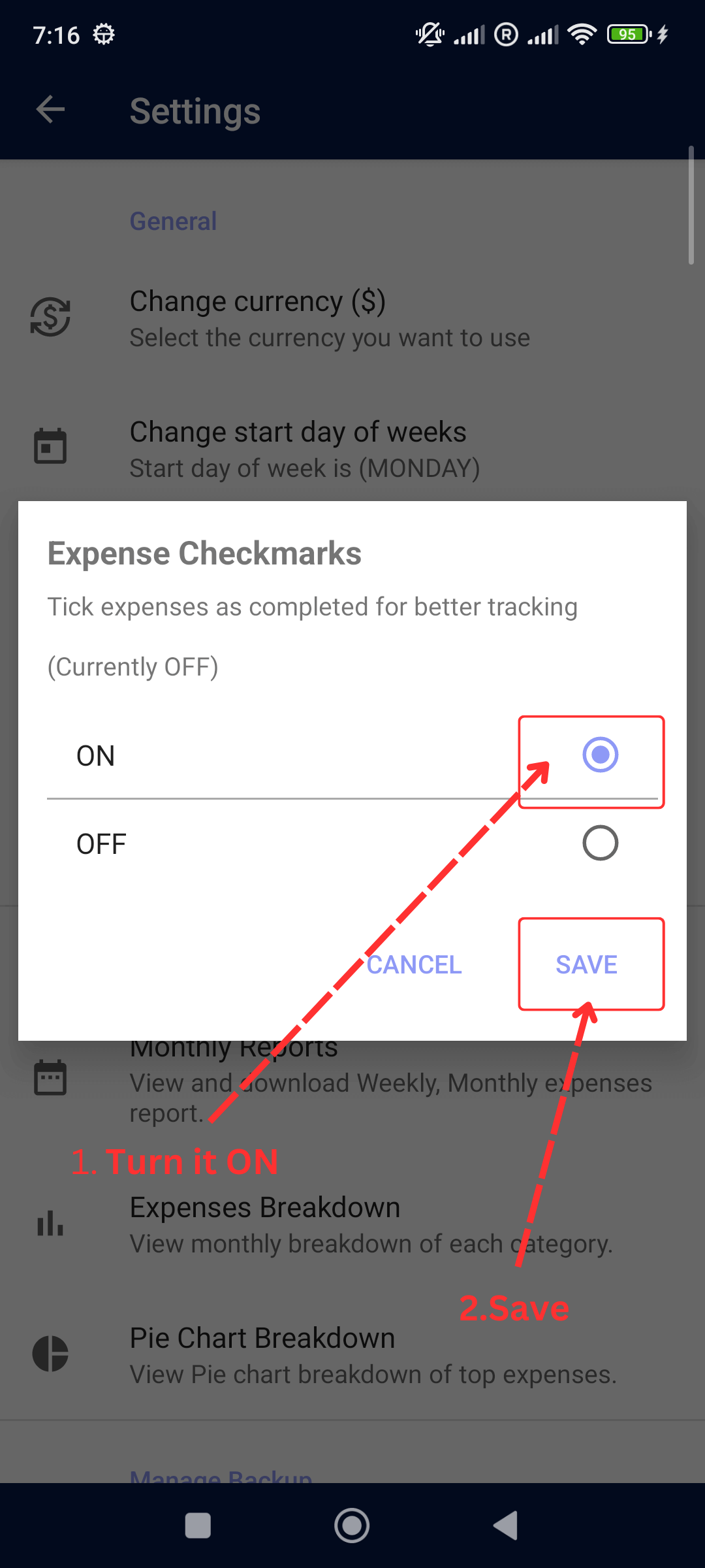 Tick / Check Mark Expenses: Turn ON and Save