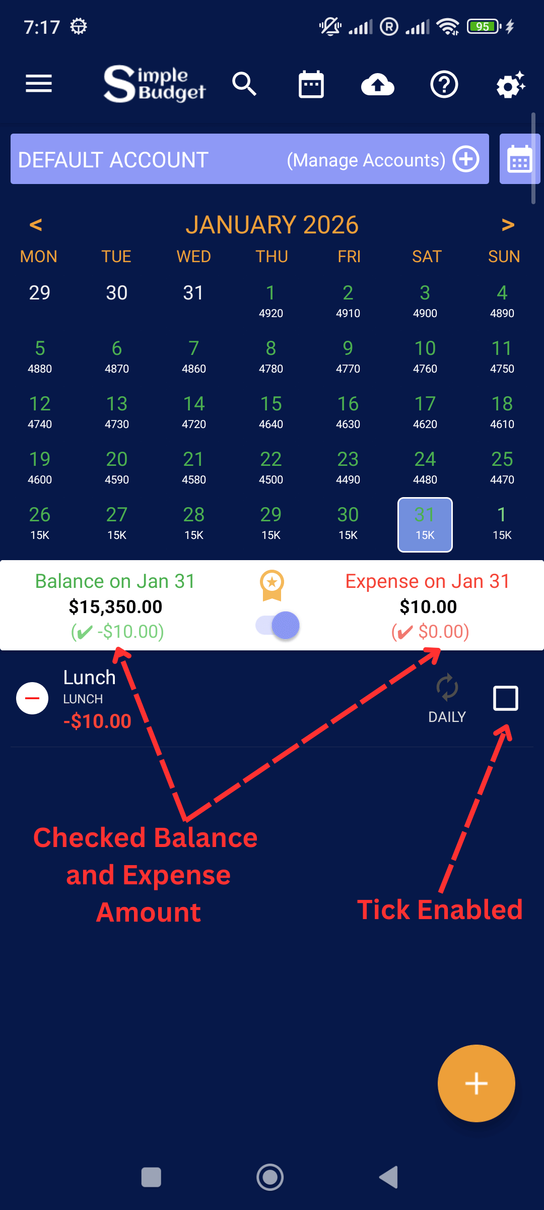 Tick / Check Mark Expenses: You can see Checked Balance, Expenses and Tick Box for Expenses